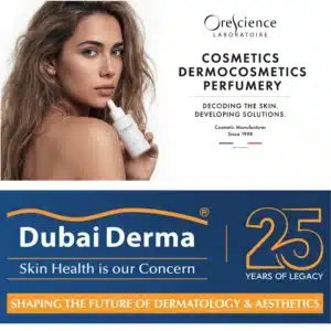 Orescience team exhibiting at Dubai Derma 2026, presenting Made in France cosmetic manufacturing solutions